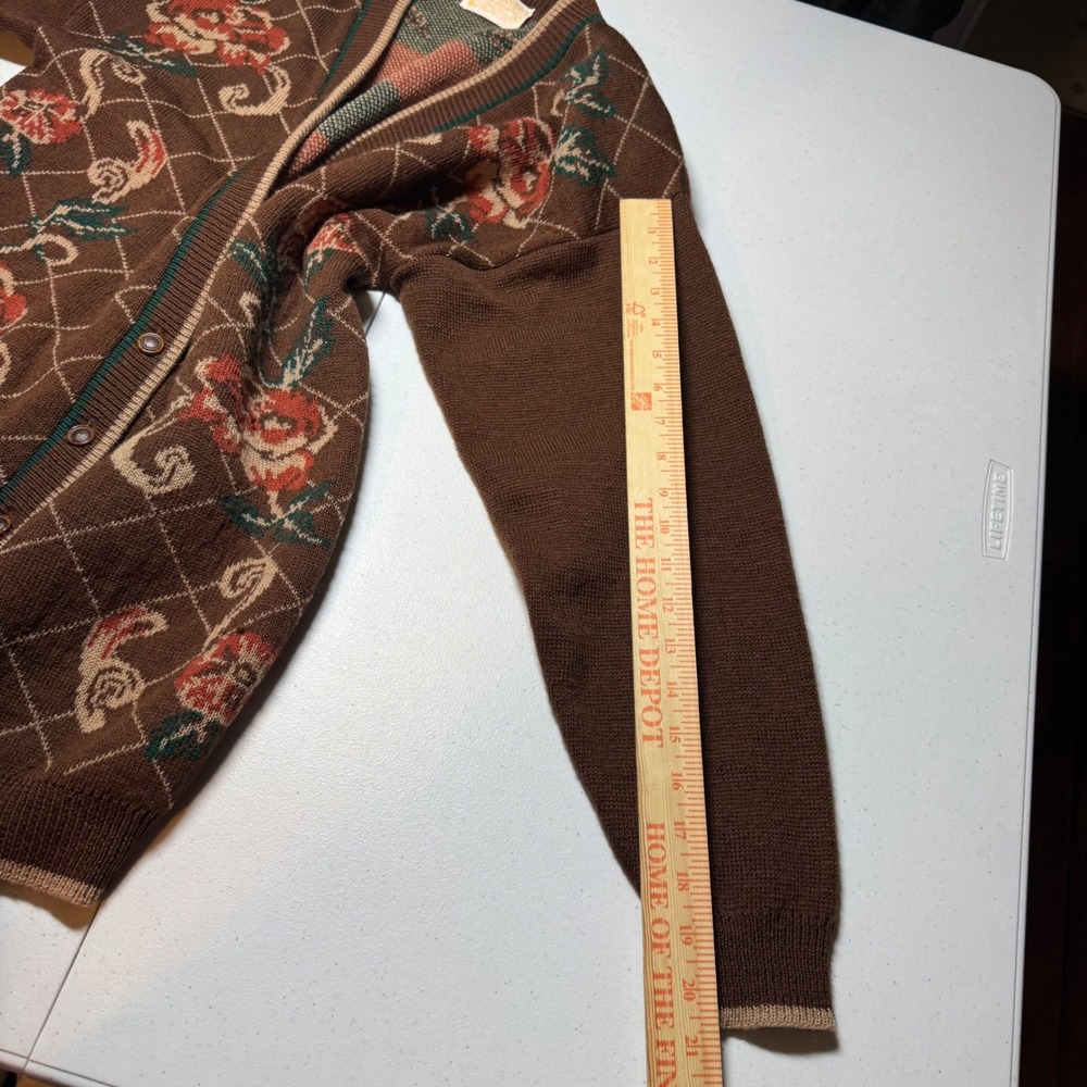 Vintage Cottagecore Floral Virgin Wool Cardigan M Brown Grandma Sweater Flawed - Picture 5 of 14
